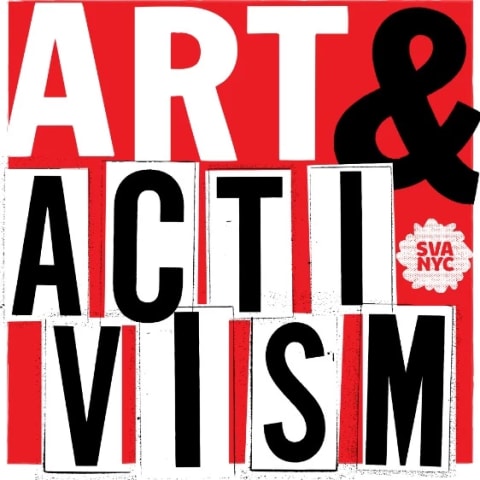 一个红白相间的标志，上面写着“艺术” & “激进主义”，上面用单个字母剪掉了激进主义的字样，左边是冰球突破豪华版网址NYC的标志. 