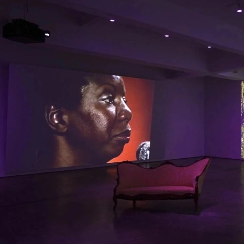 多媒体装置的画廊视图, 屏幕左边是一位黑人女性, 右边是一个绿色的花园，中间是一张沙发.