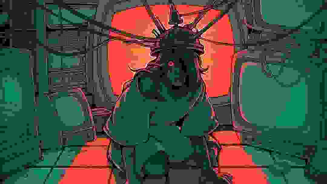 A drawing of a girl on her hands and knees looks at the viewer, crying. There's a helmet on her hooked up to the many screens behind her.