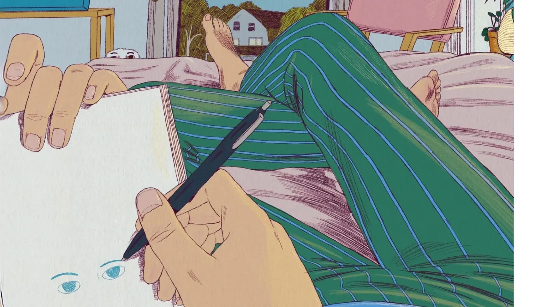 An illustration of a person reclining in a home and drawing in a sketchbook. The drawing is composed from the person's point of view.
