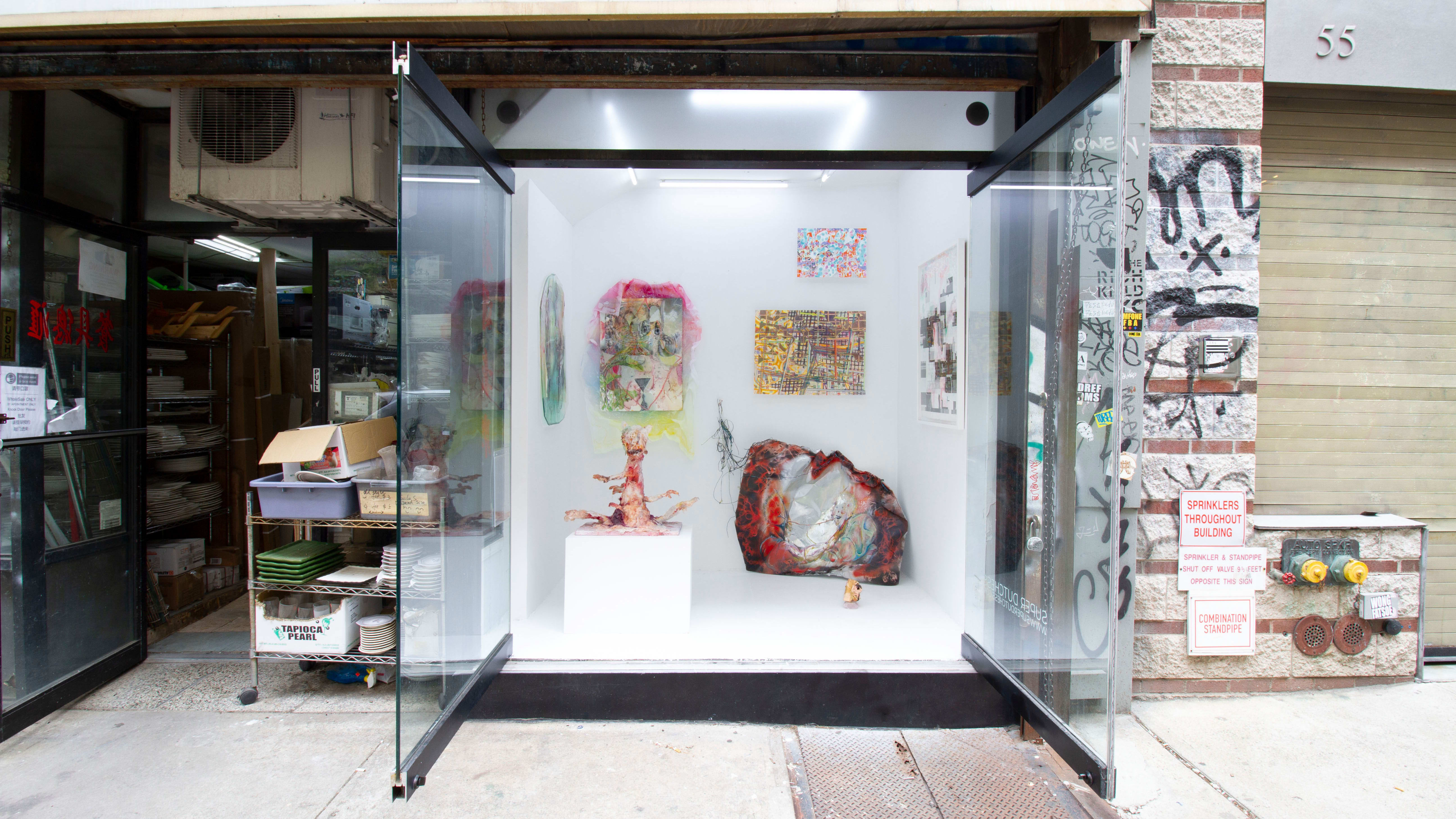 Window-display view of objects in the art exhibition "Cyborgian Swamp Thang II: Or, The Post-Human Untergang" at Super Dutchess Gallery in New York