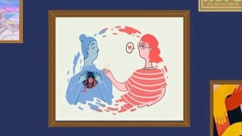 Poster of a dark blue wall with framed illustrations on it. The central illustration depicts a blue and a pink character, the blue has a whole on their chest were a pink flower grows, and the pink one has a speech bubble with a heart on it. The text on the poster reads "Hope Art Competition 2024" on top and "Better together. Resilient together" on the bottom. 