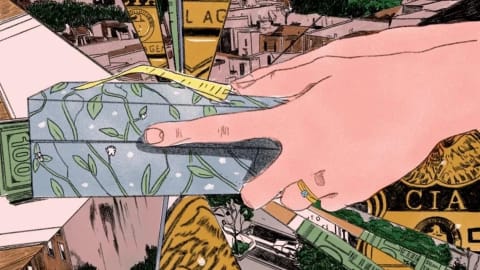 Illustration styled like a collage with several cut outs of city scapes mixed in with CIA badges and 100 dollar bills. In the center of the image a hand holds a box with a yellow note on top.