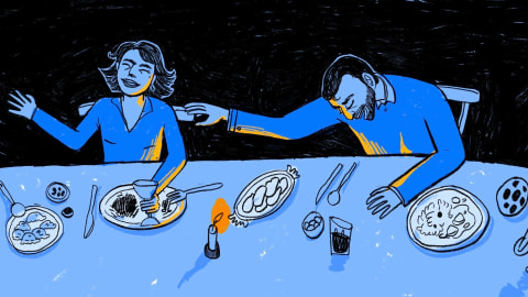 Scene from overhead of a group people sitting at a dining table eating and talking with their hands. The image is made in blue, black and white.  