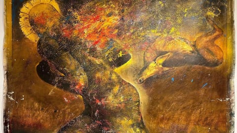 Painting of a human figure in what seems to be a running position. On the background there seems to be a dead animal. The painting is in largely brown and dark yellow tones, and it is covered in textured strokes and paint splatters. 