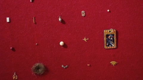Small objects are shown pinned in a grid pattern against a bright red piece of felt. The objects range in size and shape.