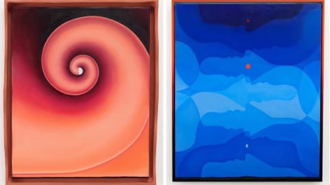 Two oil paintings side by side: the first one is a spiral in peachy warm tones, and the second one is several silhouetted profiles overlayed against each other in varying blue shades. with three red dots aligned vertically on the center, resembling different phases of the moon. 