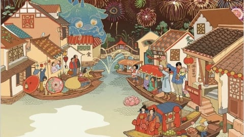 Illustration with a style reminiscent of traditional Chinese paintings, depicting a Chinese town celebrating new year's over a river, with fireworks in the sky and a big dragon looking down on them.