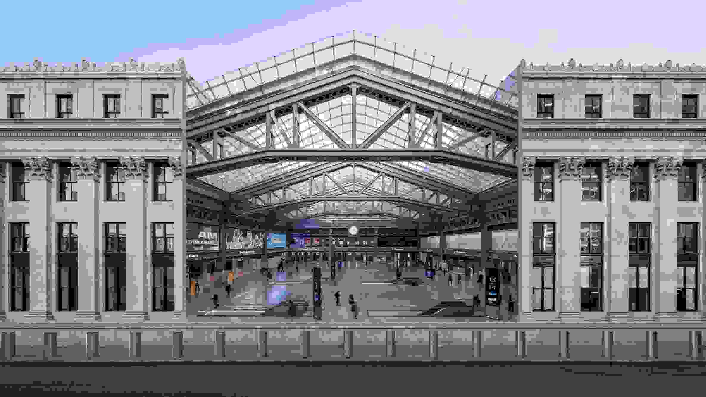 a composite image of NYC's Moynihan Train Hall that shows both the interior and exterior of the building.