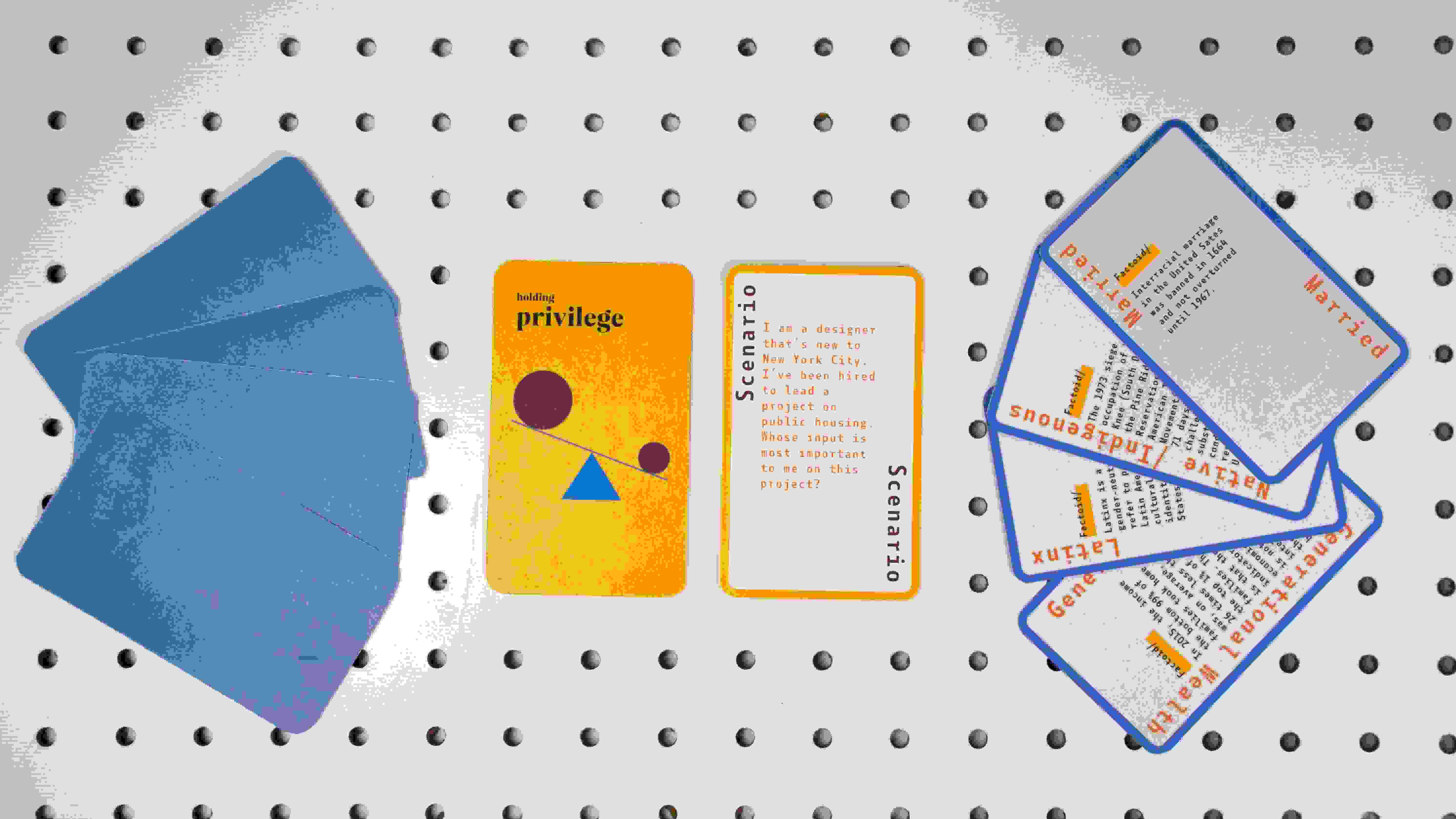 Prototype for a card game with five cards on display: 1.) Front: a random scenario Back: "Holding privilege" with a tipped scale. Four factoid cards display info on generational wealth, Latinx, Native/Indigenous and marriage