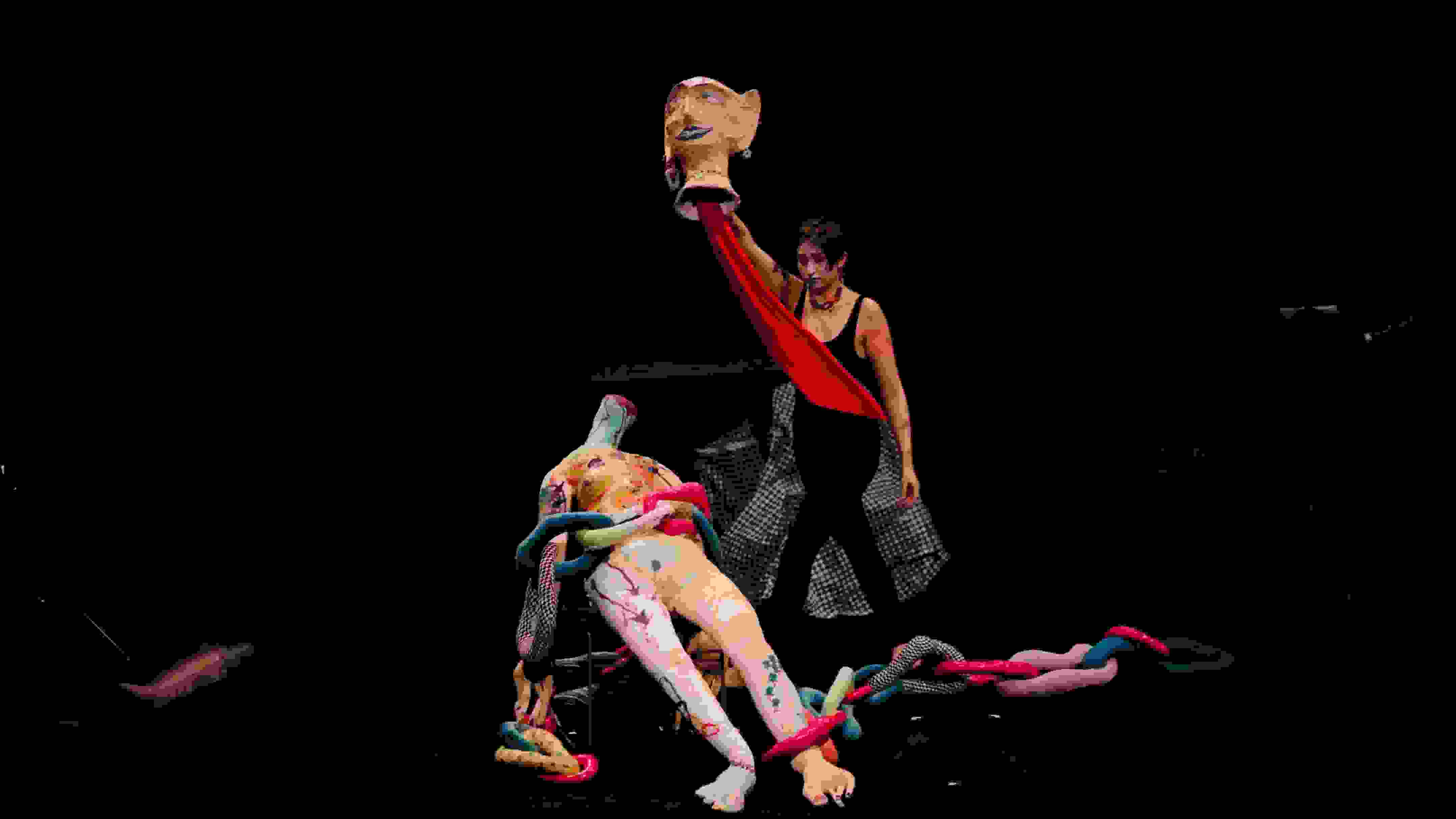 SVA student performing on stage with self made props