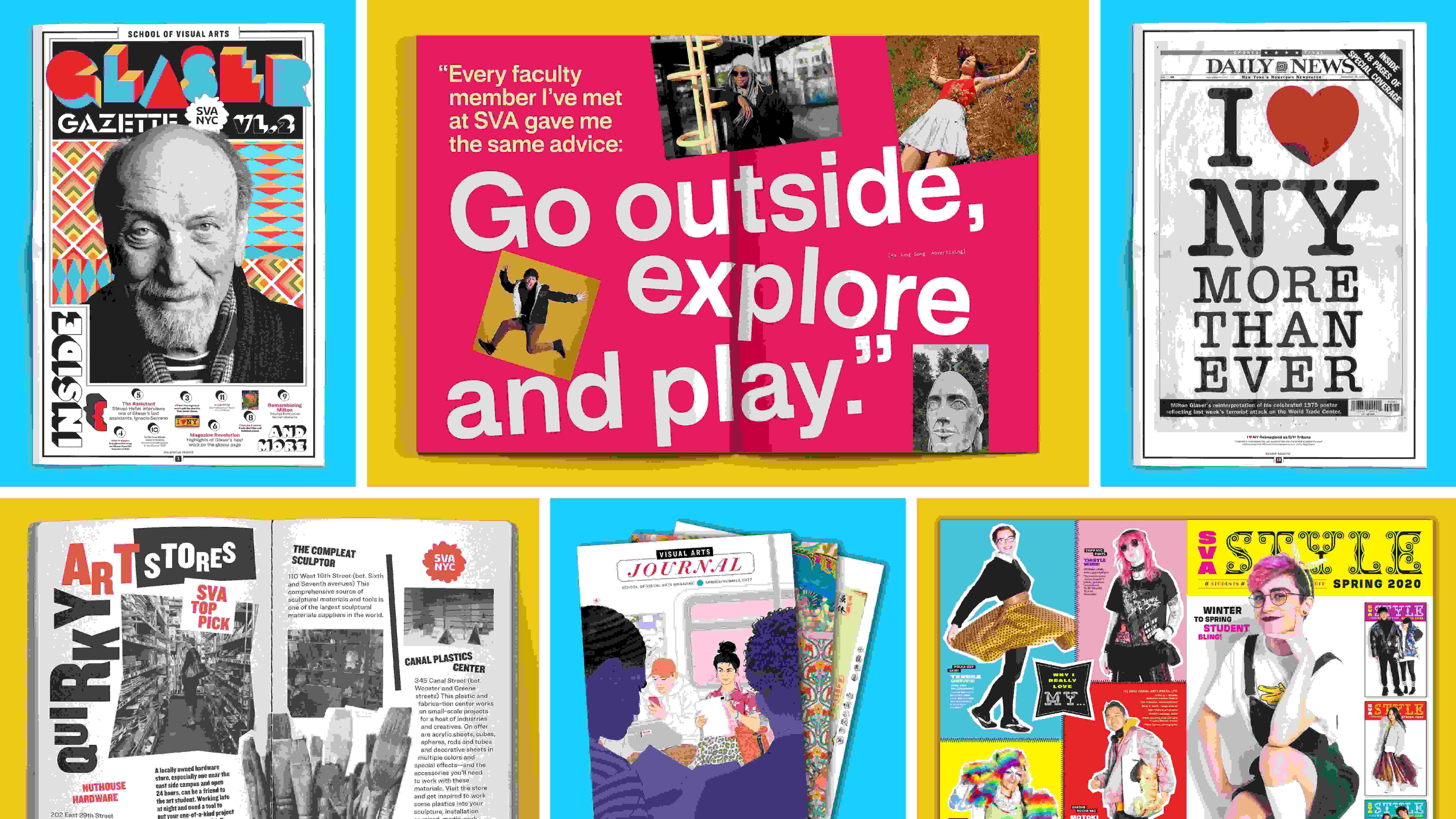 Six tiles containing layouts from printed materials, including catalogs, books and journals, produced by Visual Arts Press