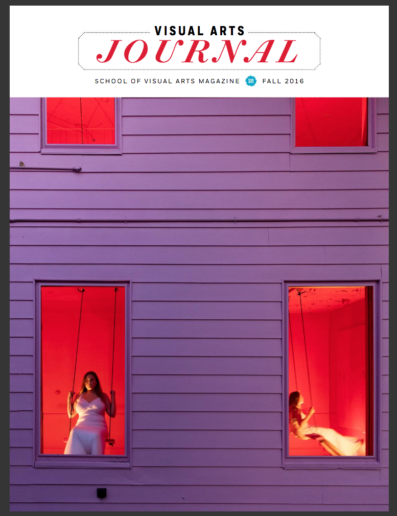 A magazine cover featuring a color photograph of a house's exterior wall. In each of the two downstairs windows, you can see a woman on a swing.