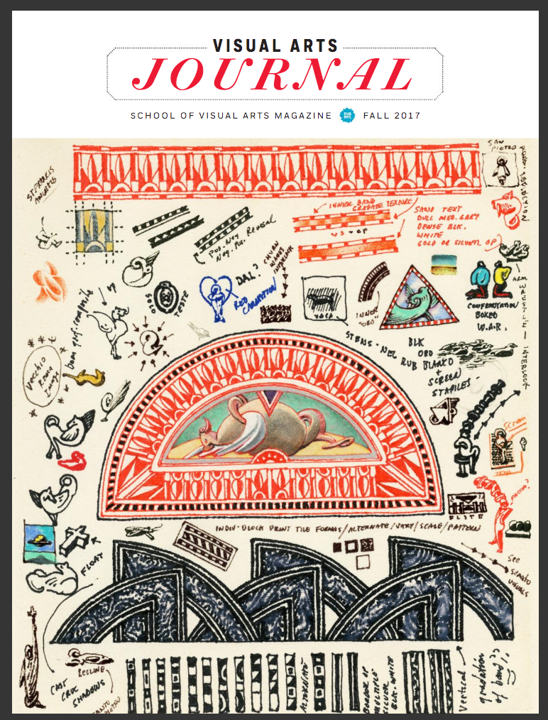 A magazine cover featuring a colorful page from an artist's sketchbook that is filled with notes and drawings of various architectural details and observations from life.