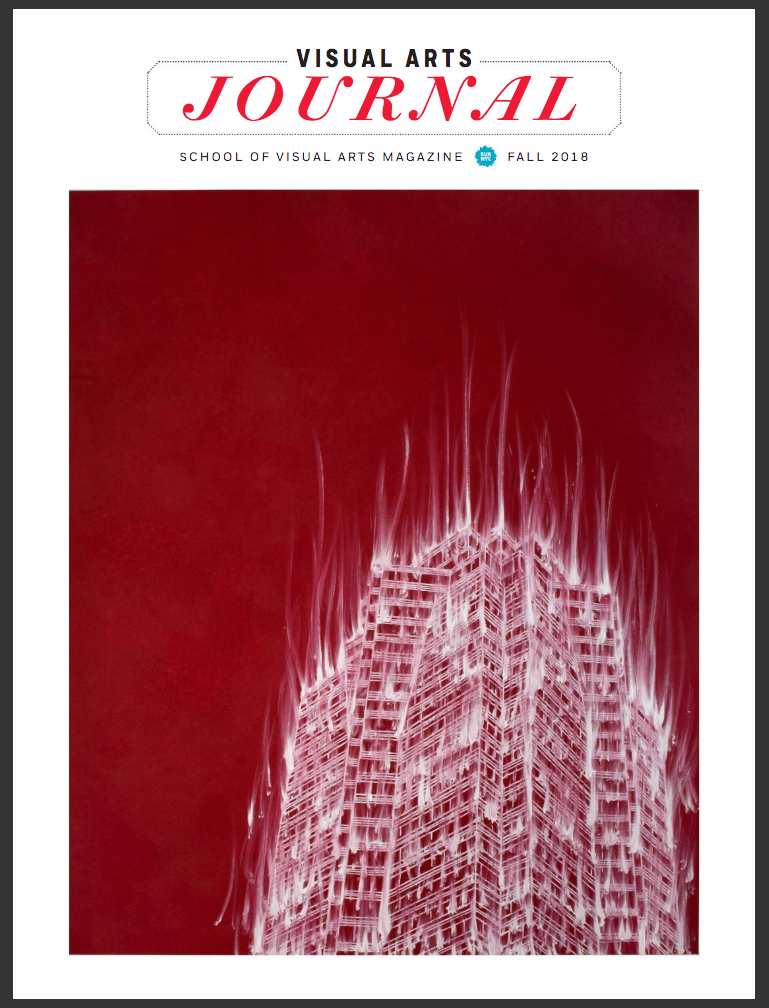 A magazine cover featuring a red-and-white painting of an isolated high-rise building, viewed from below. The white paint used to render the building is streaked, giving the appearance of the building being on fire or collapsing.
