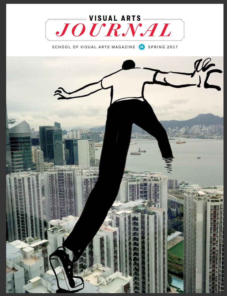 A magazine cover featuring a color photograph of a coastal cityscape. An illustration of a man stepping over buildings and into the water is drawn on the photograph.