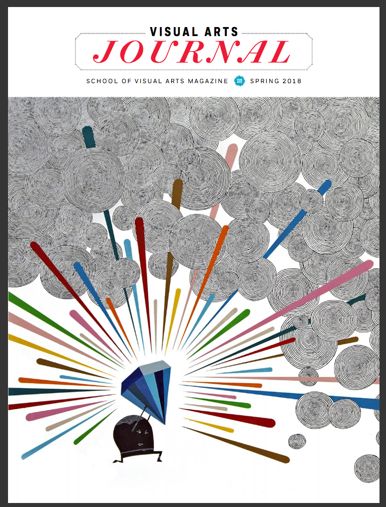 A magazine cover featuring an illustration of a small figure holding up a large jewel, from which a number of colorful rays are emanating into a field of circular shapes.