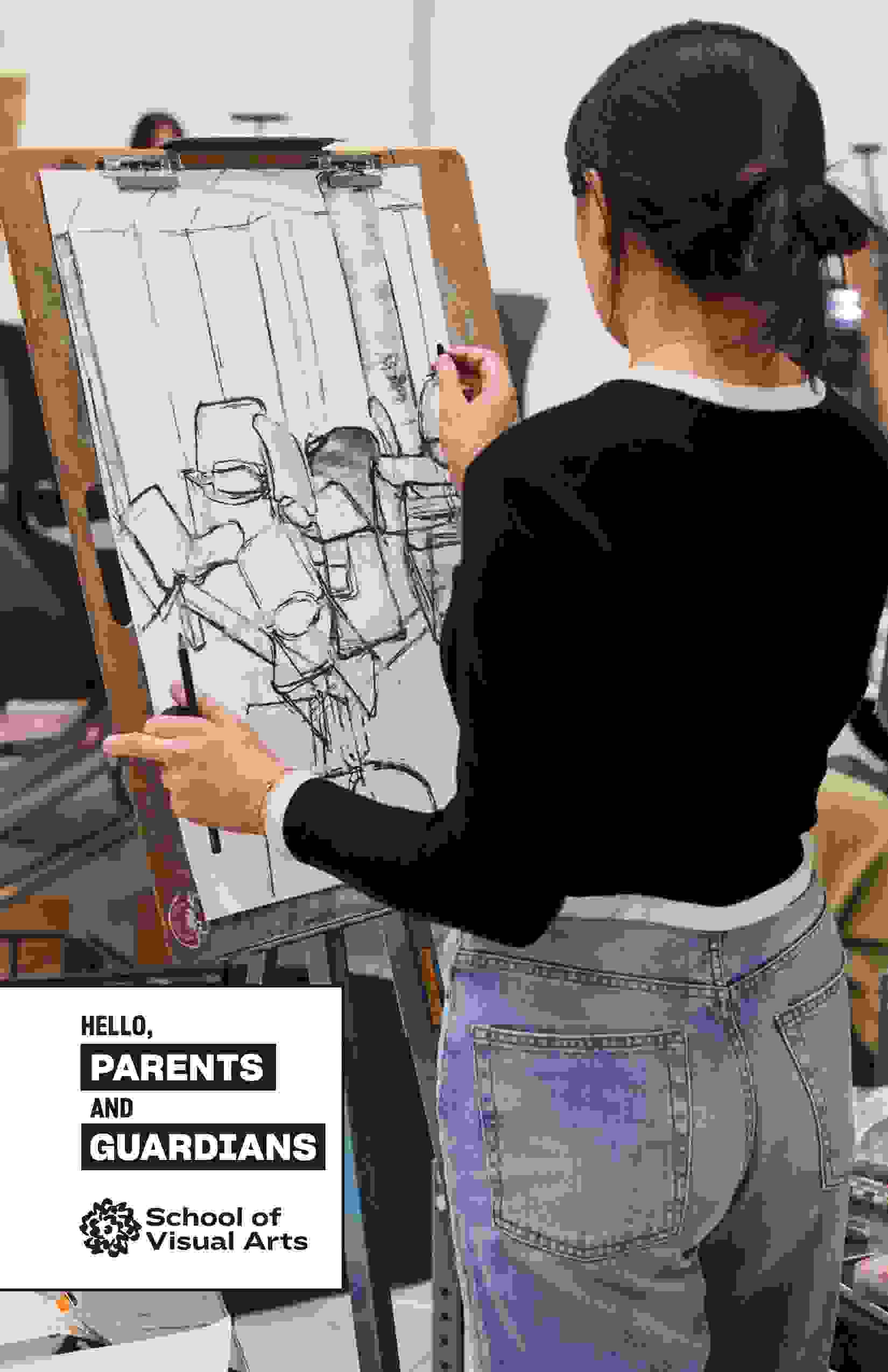 Photo of a student working with charcoal on an upright easel. A textbox reads “Hello, Parents and Guardians” in black and white text, and the School of Visual Arts flower logo is underneath. 