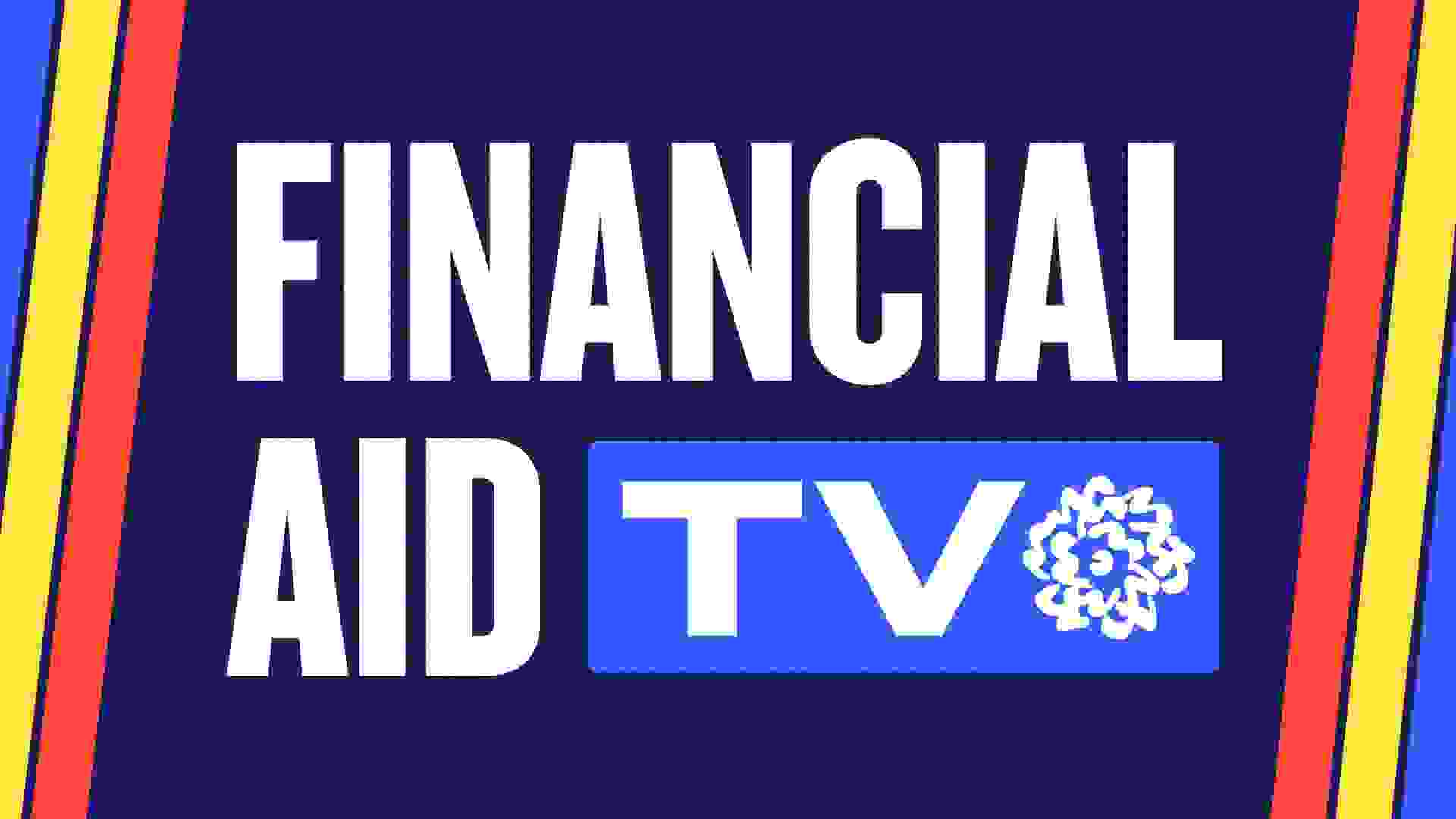 graphic banner with blue, orange and yellow stripes that says "financial aid tv" with sva's flower logo