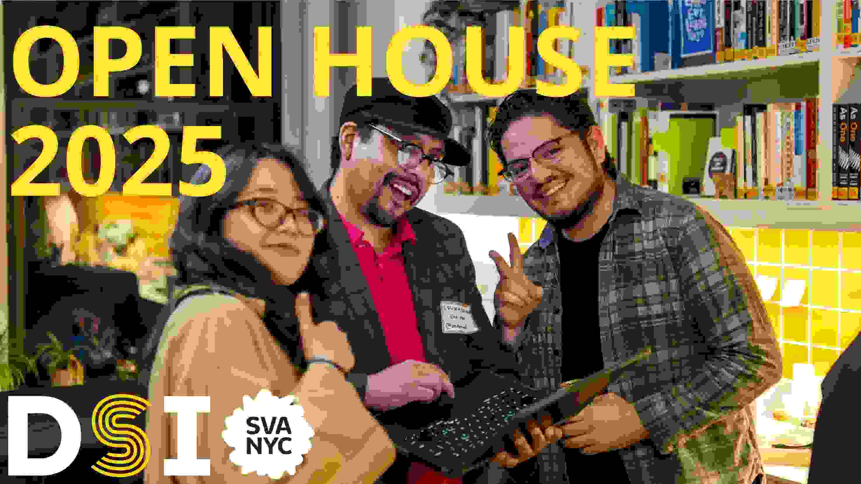 3 students smiling at the camera, one on the right is holding up the peace sign and one on the far left is holding a thumbs up
