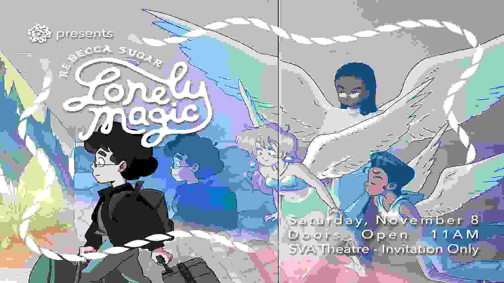 Animated promo image of a young person walking away with suitcases while angels watches over them