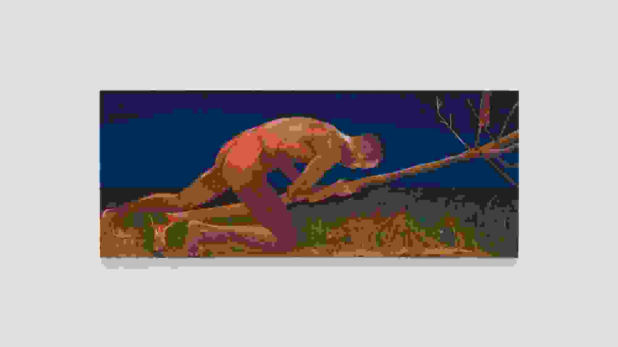 Painting of a man pushing over a tree by Anthony Cudahy, entitled Death instinct (for Bergman, for Tarkovsky), 2024. Oil on linen, 4 x 10 ft.