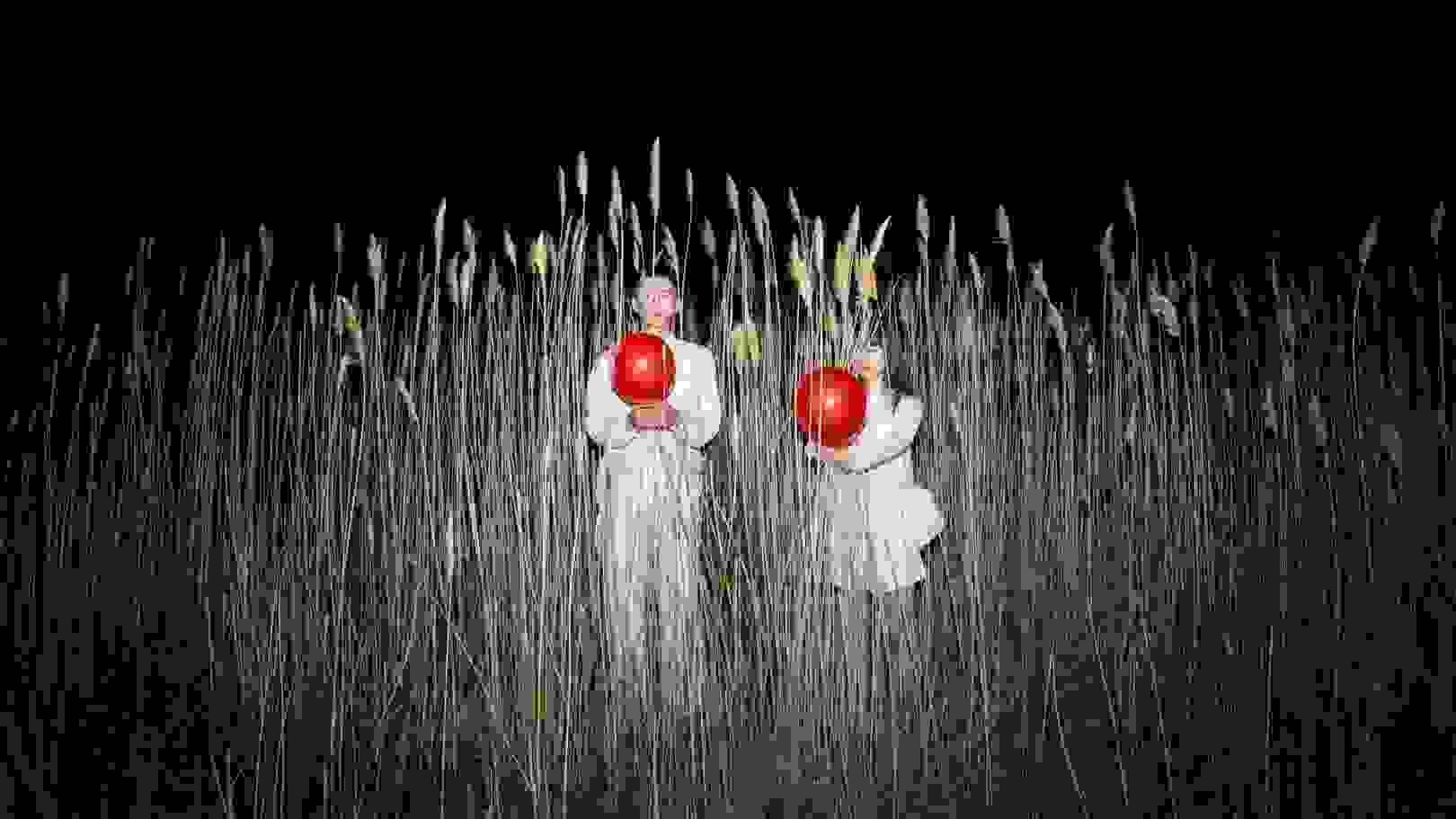 A man and woman wearing all white are each holding a red balloon, standing in tall reeds at night.