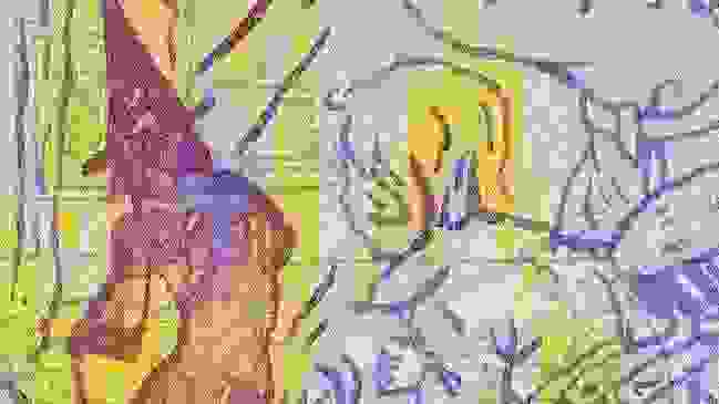 Painting of printed childhood images in purple and yellow.