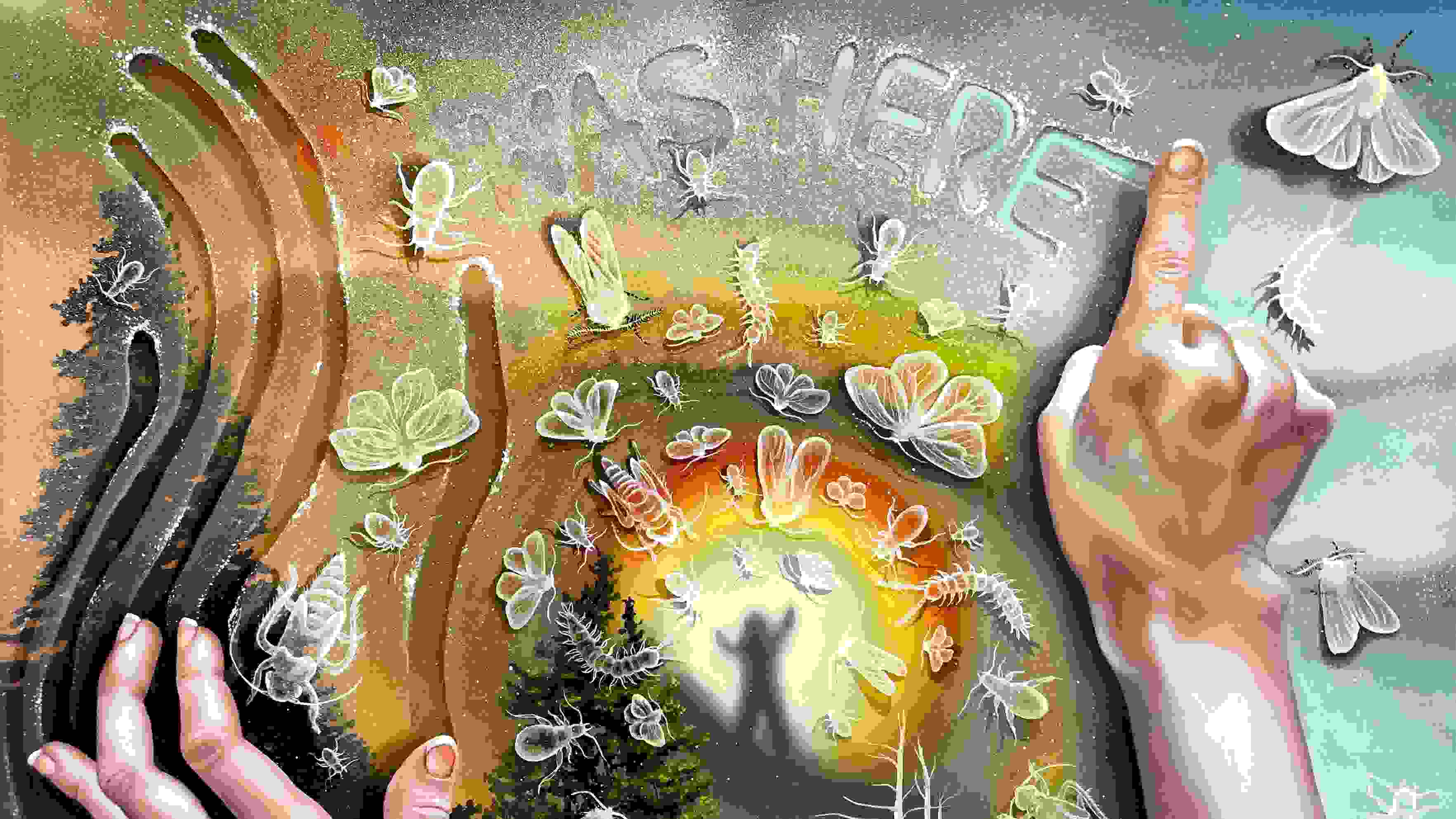 Two hands rest atop a surface, the left drawing vertical lines with their fingers, the right pointing creating the words "I Was Here" out of a sandy texture. Below this semi-transparent texture is a forested landscape with a figure standing atop a mountain as a rainbow radiates around them.