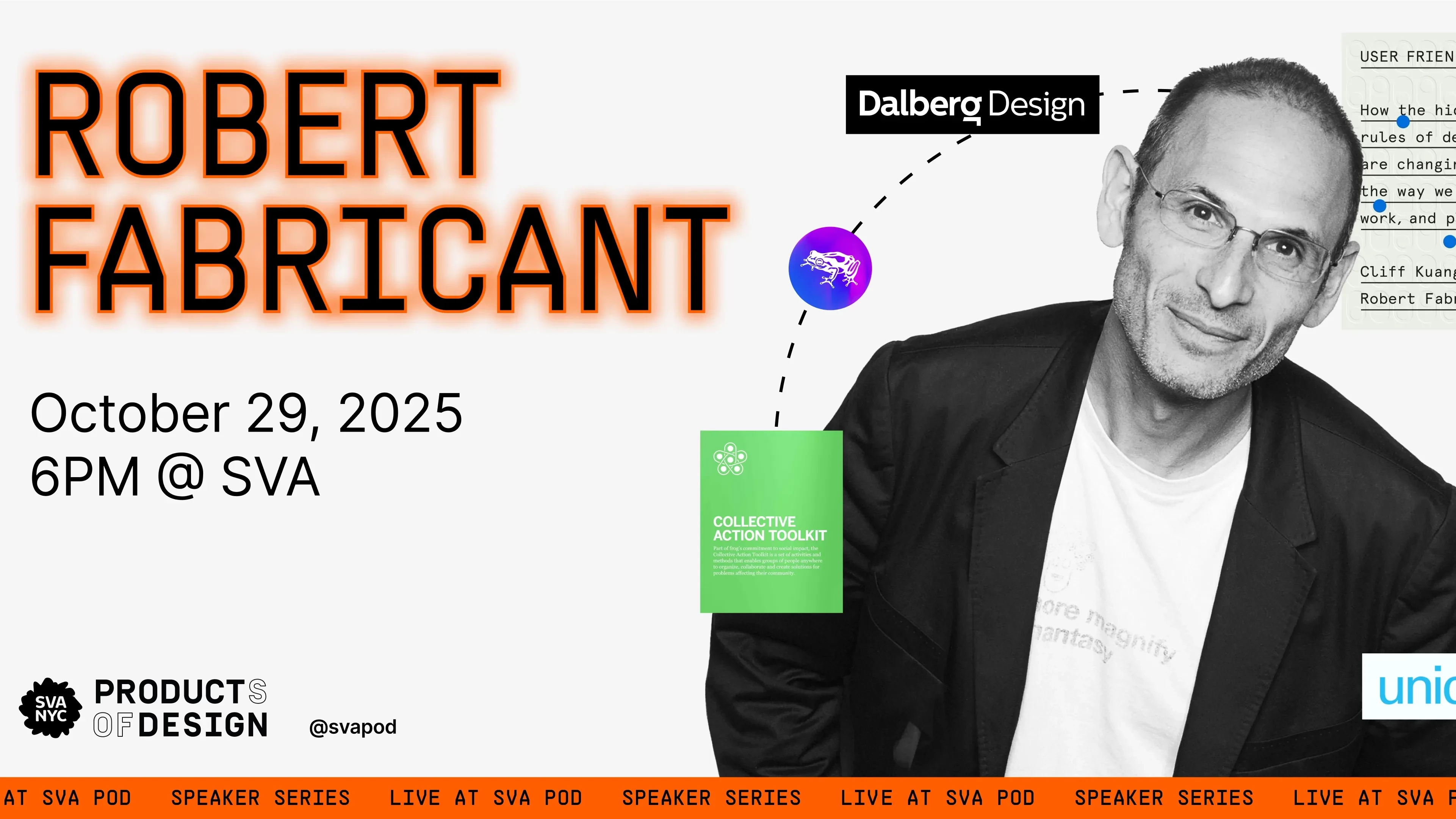 a flyer for an event featuring a black and white photo of a bald person wearing a black blazer with the name "Robert Fabricant" in orange-highlighted black text to the left
