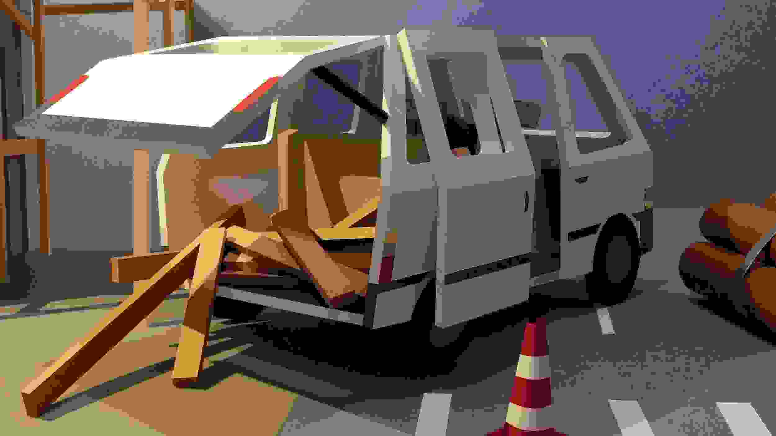 a white van on a street, with an open trunk and lumber spilling from the back. The entire scene is made of paper.