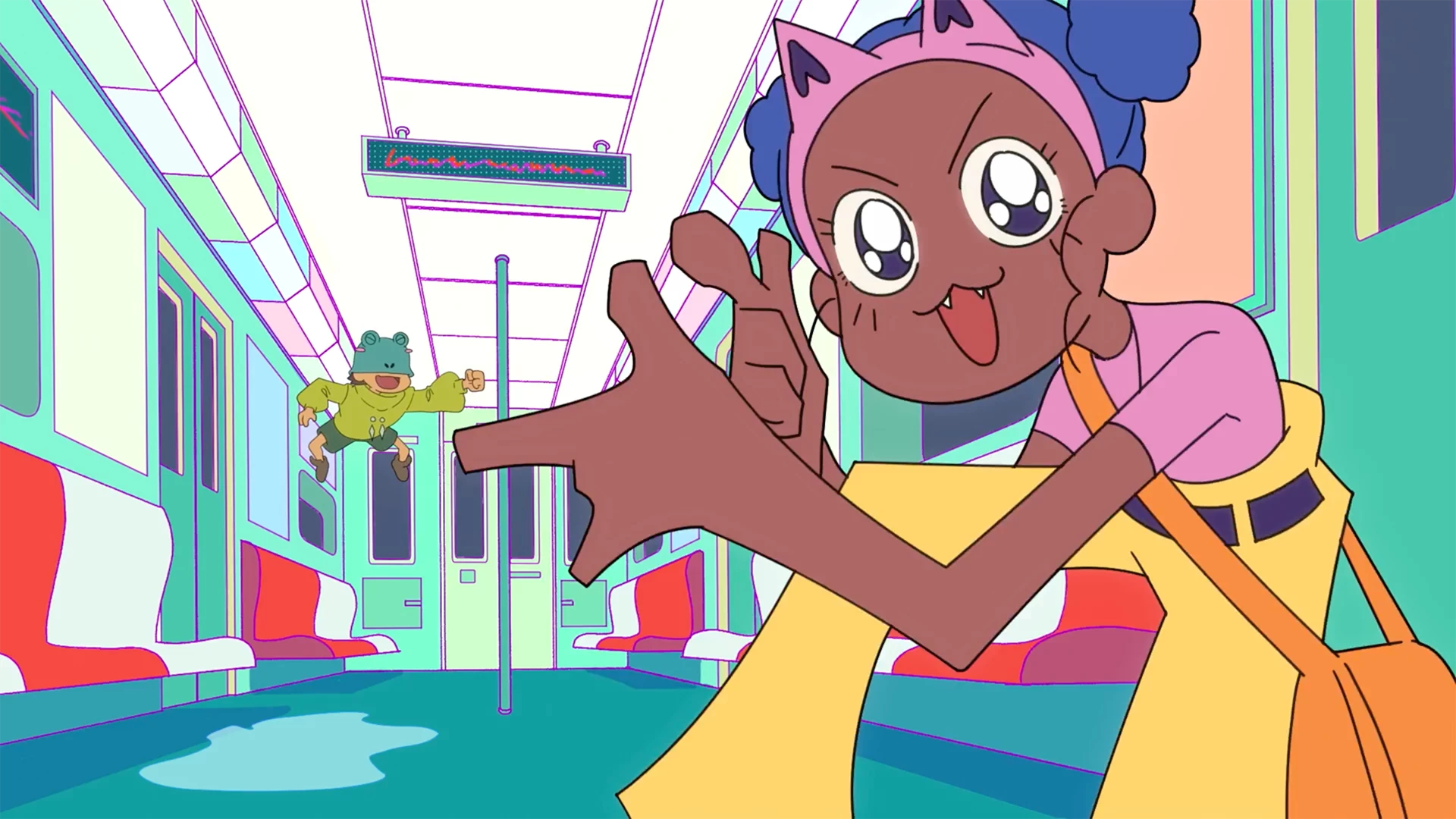 2D animation of a subway car interior; in the foreground, a person in a pink shirt and yellow pants has an excited expression on their face. In the background, a different person with a frog-like hat is perched near the train ceiling. It seems as though the two characters may be playing or play-fighting.