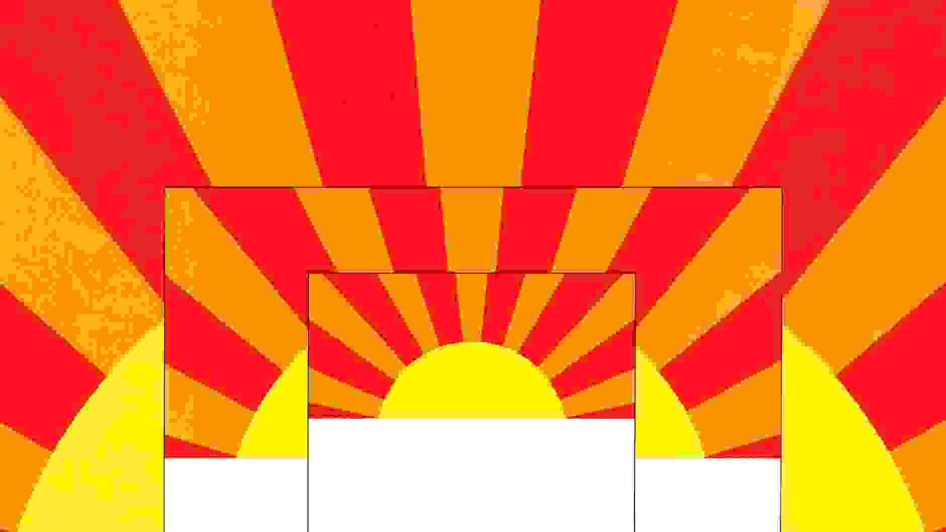 Graphic design invitation by Milton Glaser featuring three concentric sunset designs with a yellow sun and orange and red sunbeams