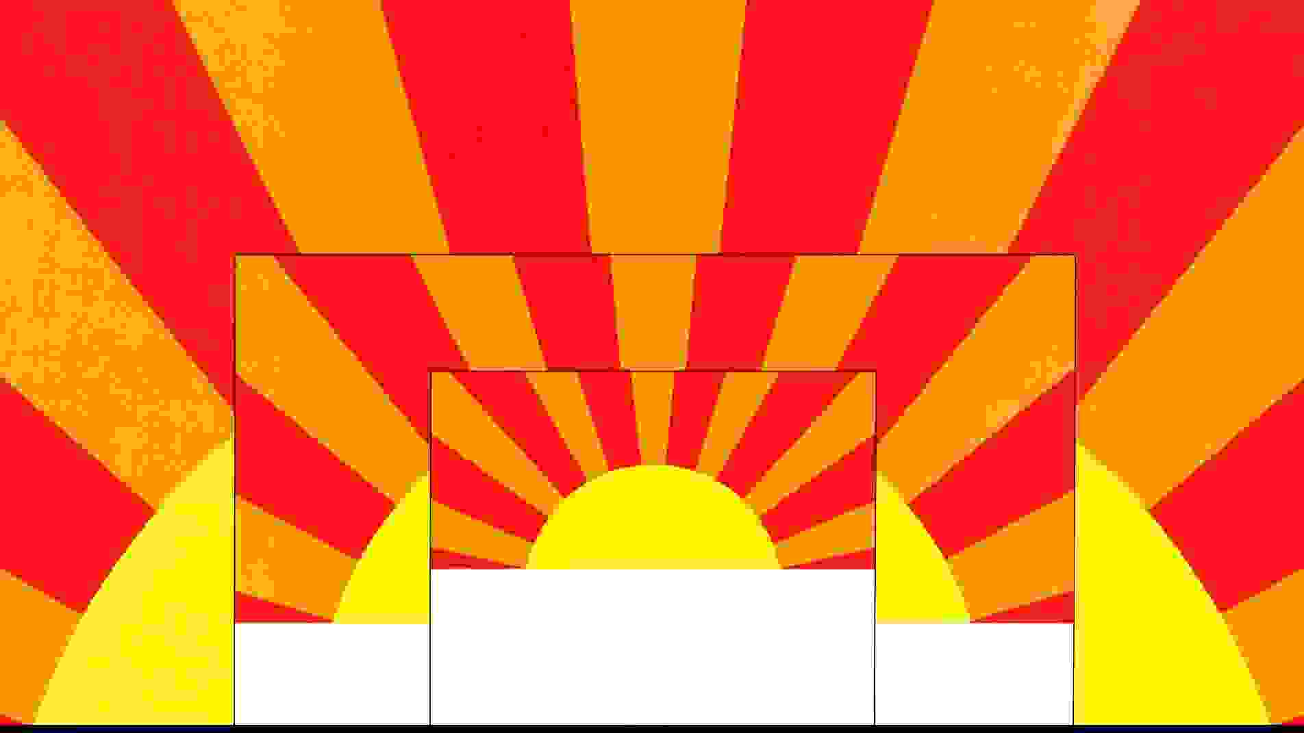 Graphic design invitation by Milton Glaser featuring three concentric sunset designs with a yellow sun and orange and red sunbeams