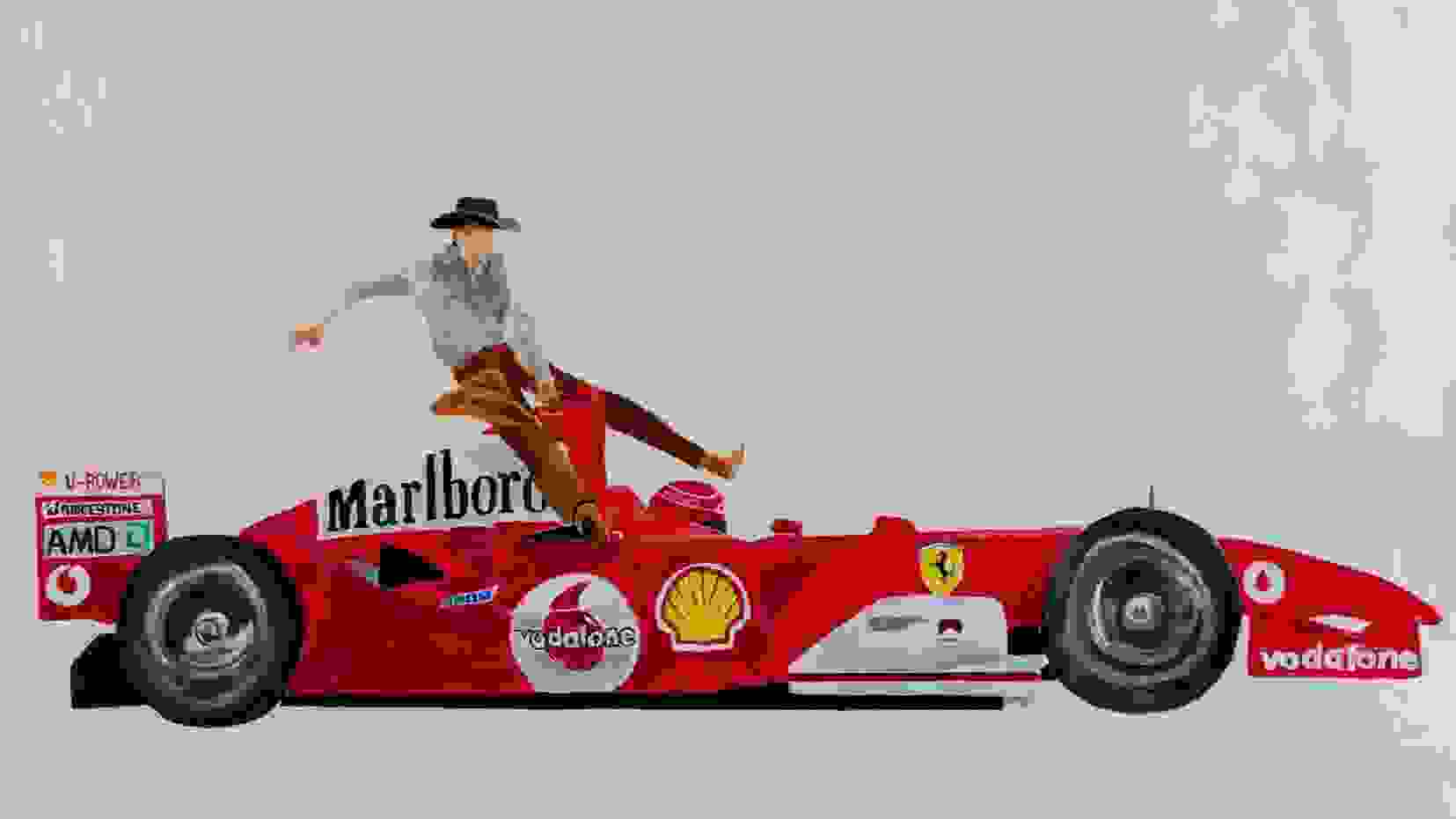 Large white painting with a red Malboro formula one car and a cowboy riding on it.