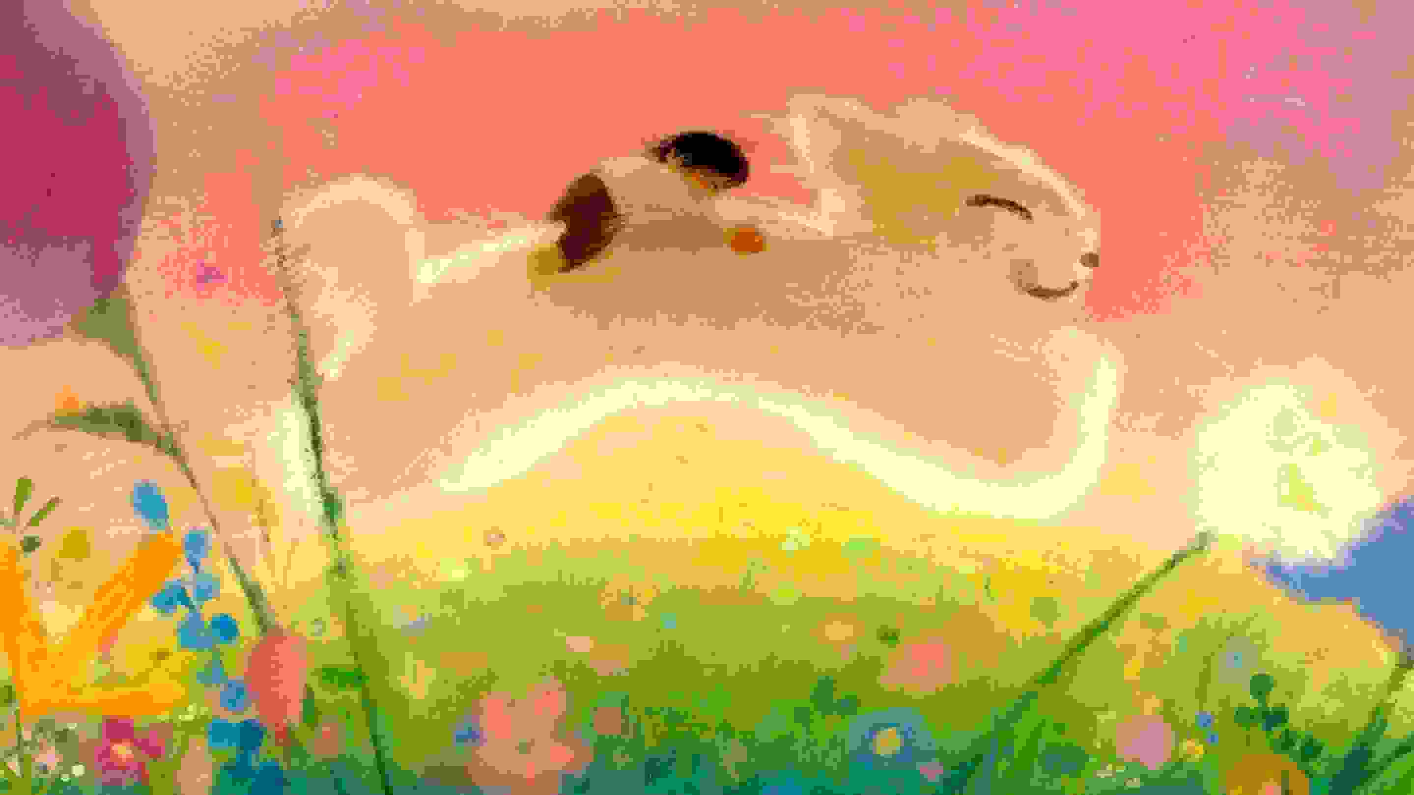 Fantastical, soft pastel colored art work of a person riding on a giant fluffy dog’s back through a field of flowers