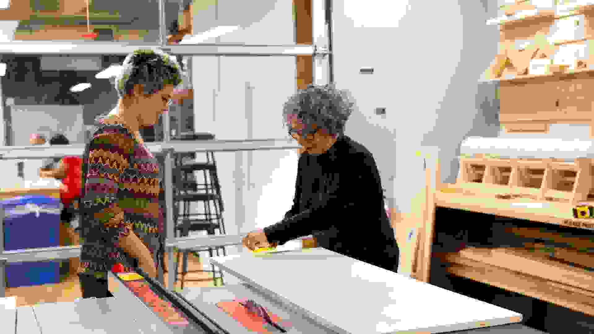 students working in the woodshop