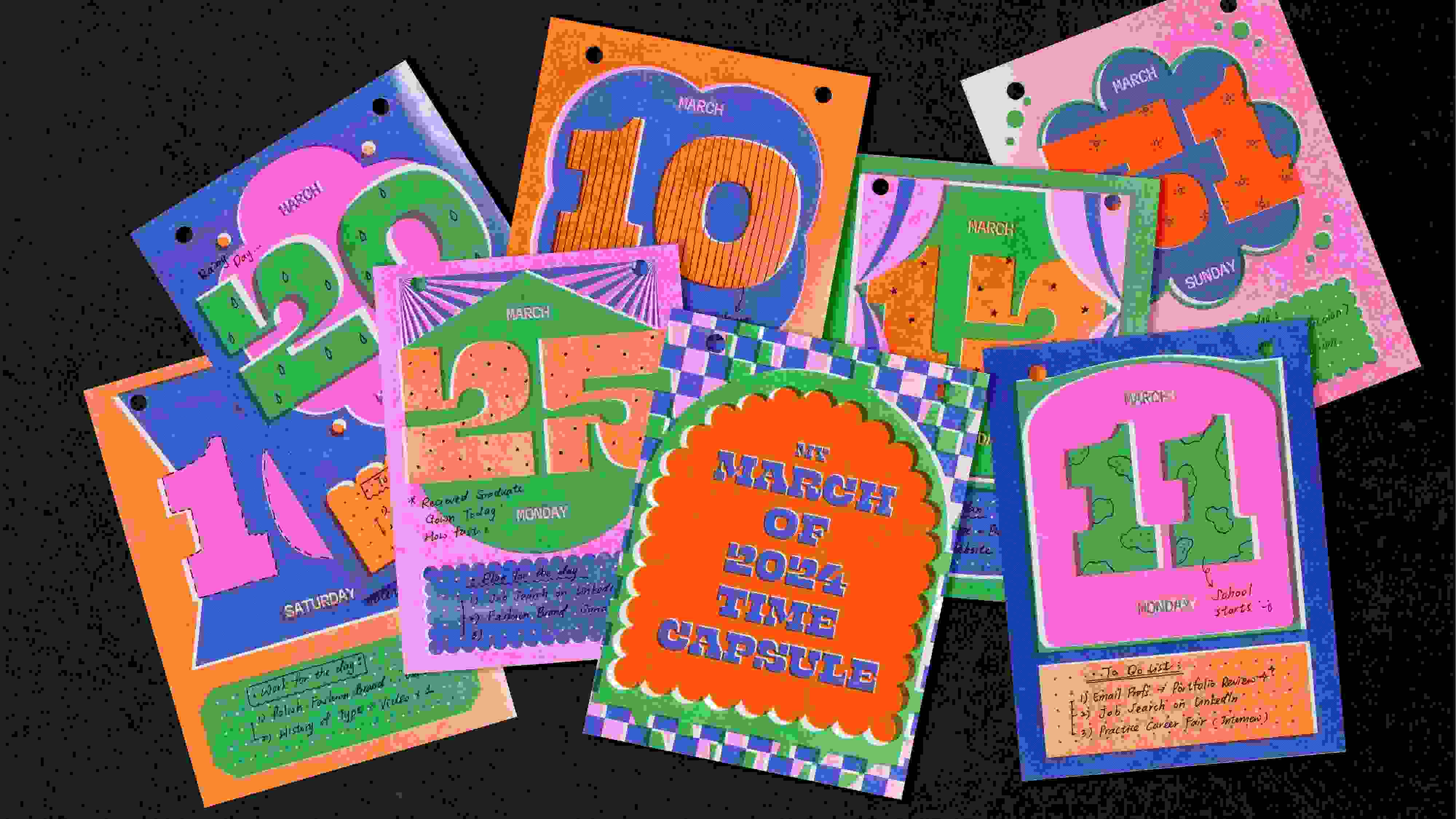 Flat lay of various colorful calendar cards with a puffy type treatment—each sheet has a different month and day in 2024