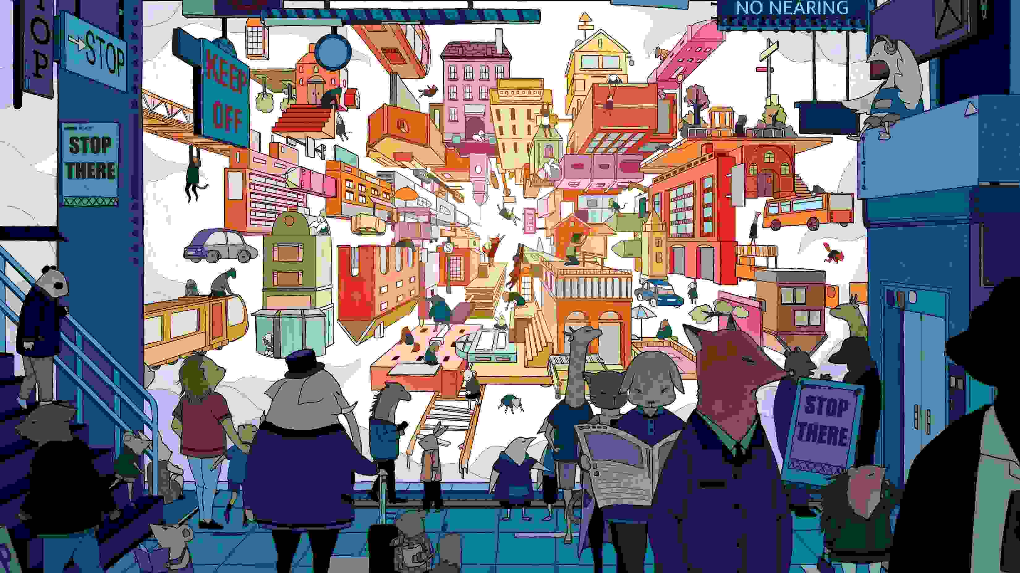 A multicolored panoramic scene of anthropomorphic animals in a surreal floating city
