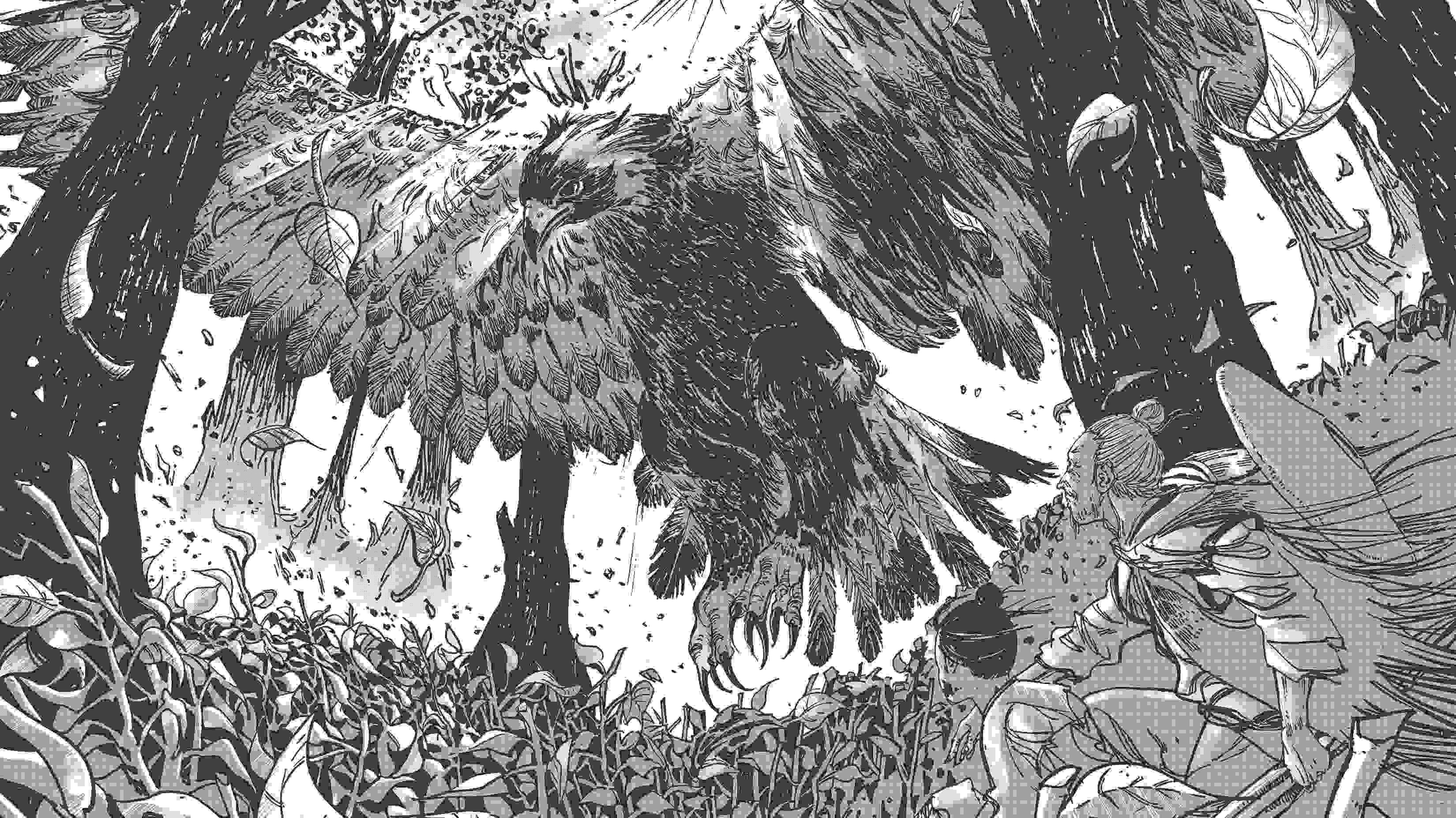 In a black and white traditional manga style a gigantic eagle looms over two feudal warriors