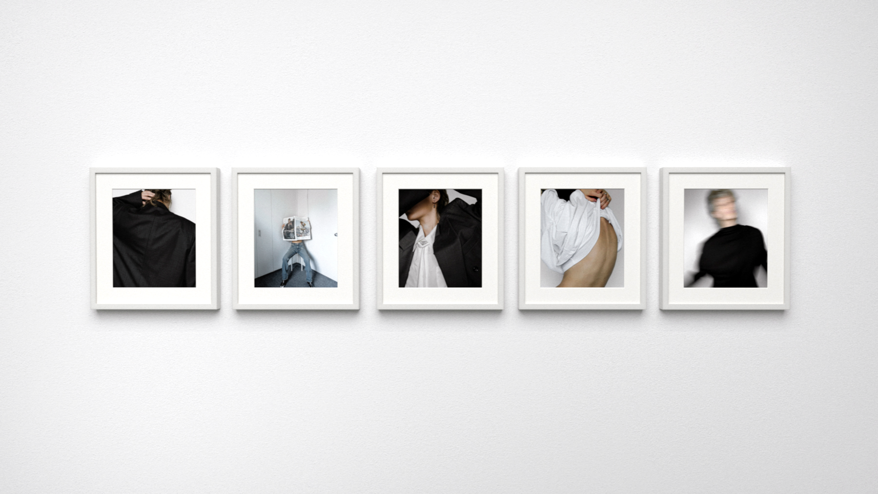Five color photographs in a row, each in a white frame, showing an abstracted view of a human figure