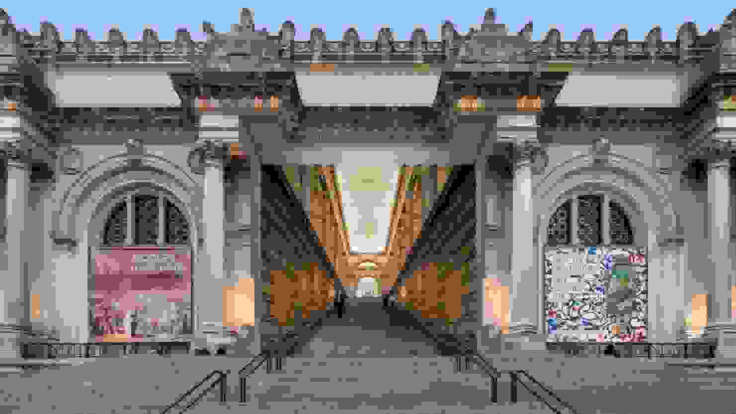 A digitally-manipulated photograph that shows both the interior and the exterior of the front of the Metropolitan Museum of Art building in NYC.