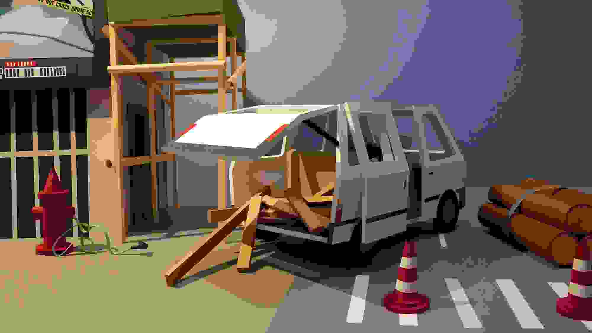 A white van stop on middle road, surrounded by traffic cones and a fire hydrant with a green hose. In the background, there are building facades and a billboard showing a news headline about a crime scene.