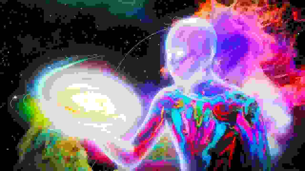 This is a 3D rendered image of a colorful cosmic being holding a celestial body, surrounded by bursts of saturated smoke resembling a supernova. The creature appears to be in deep space, has white glowing eyes, no visible hair and striped markings on the face.