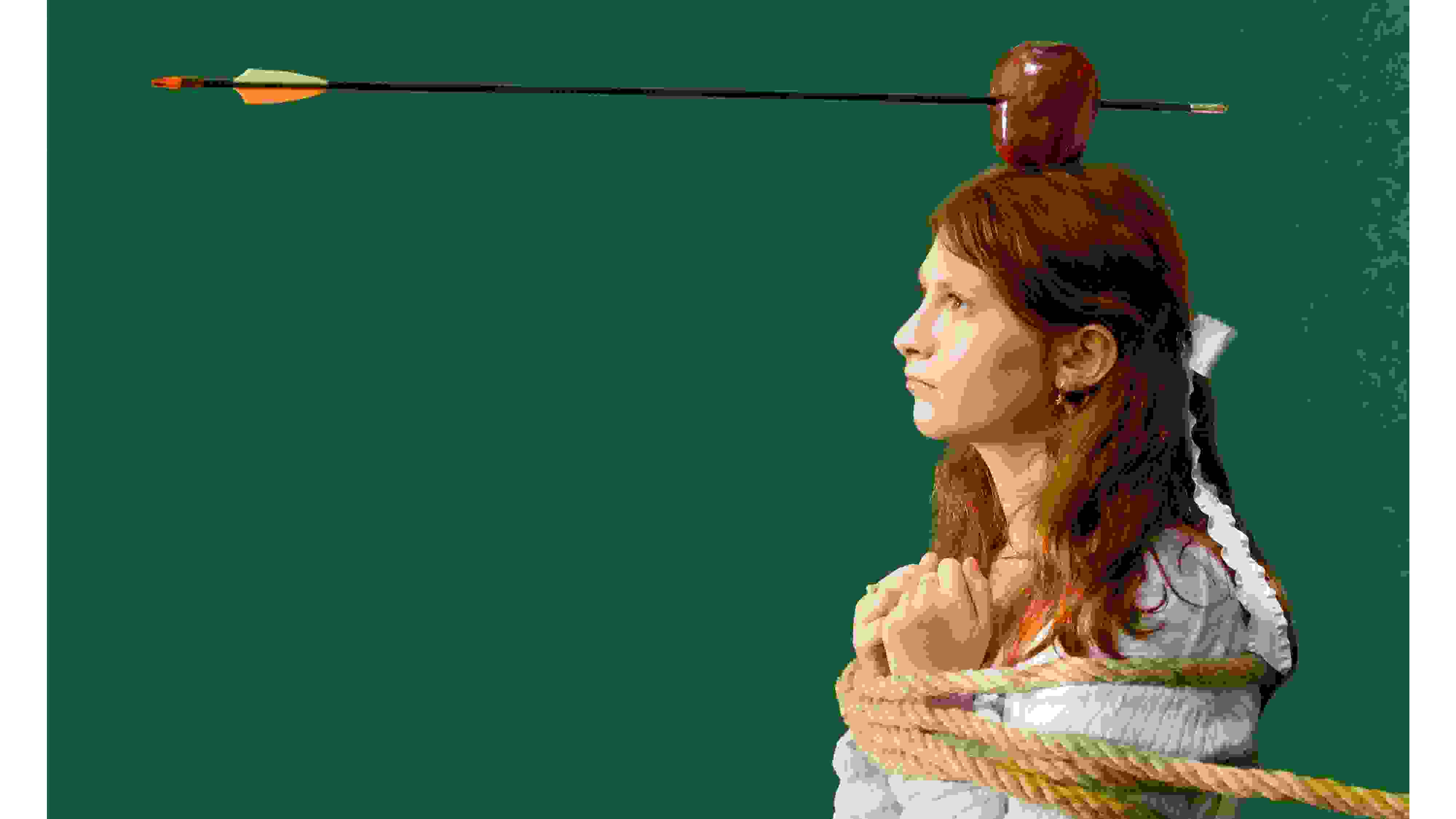 A teen girl in profile is bound by a rope. There is an apple on her head with an arrow shot partway through it.