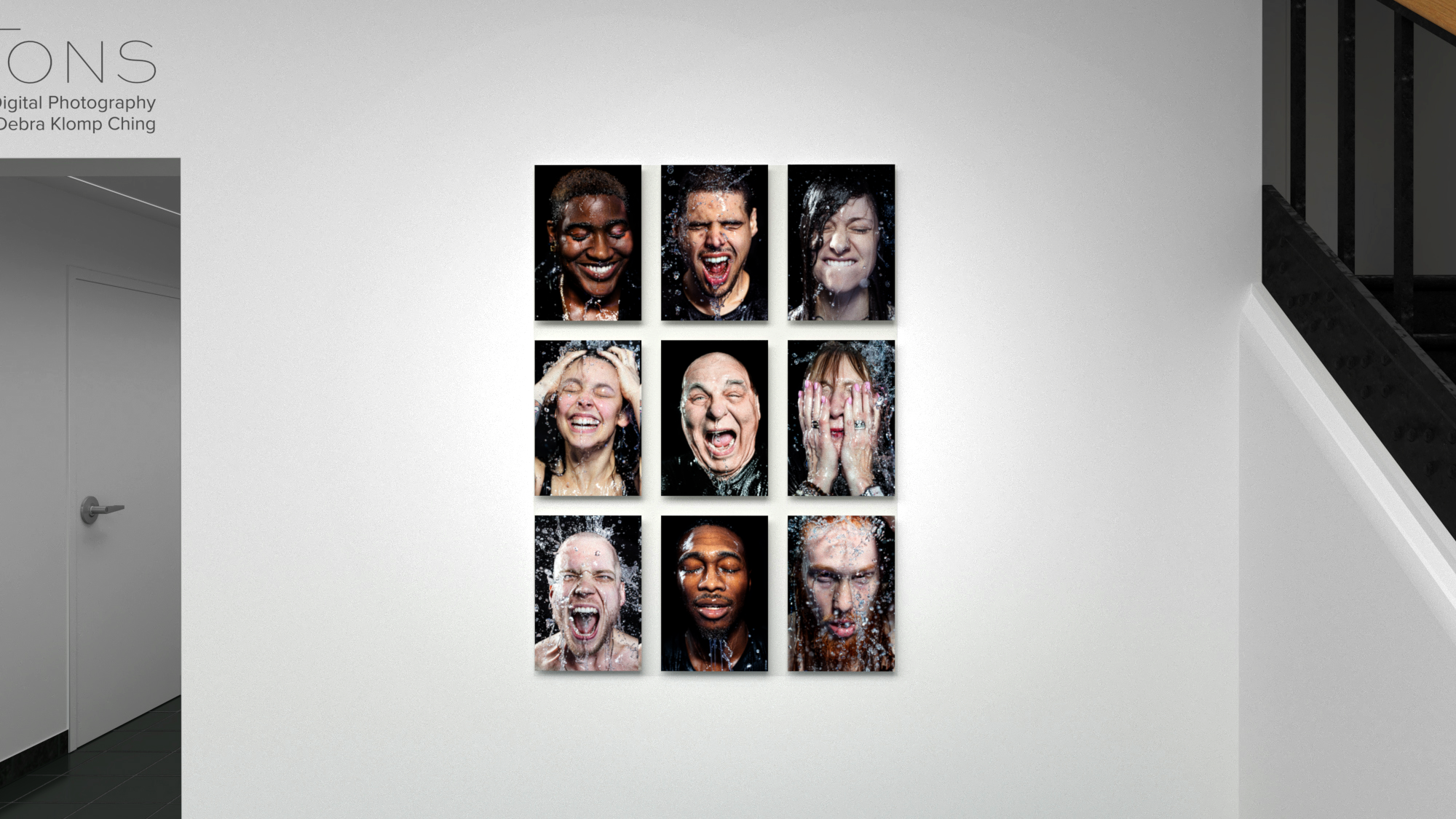 Photograph of nine color prints of people's faces, arranged in a 3 x 3 grid on white wall.