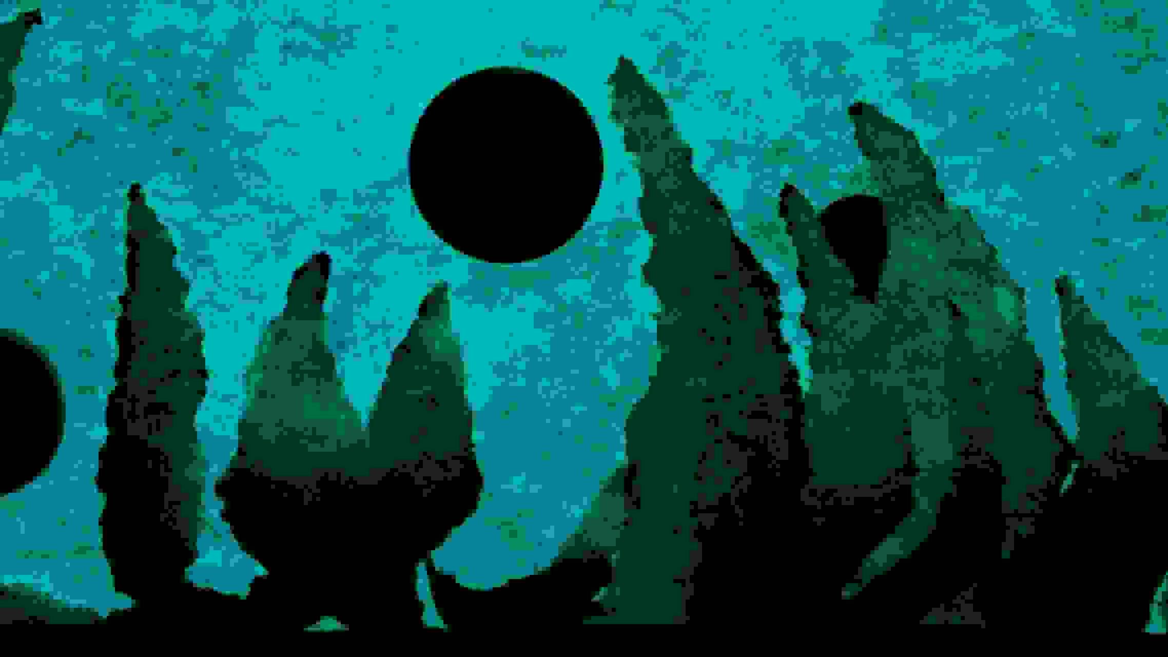 An abstract photograph with a textured teal background. Overlaid are areas of darker teal splotches that look like grass or leaves growing from the bottom. There is a single black sphere in the middle.