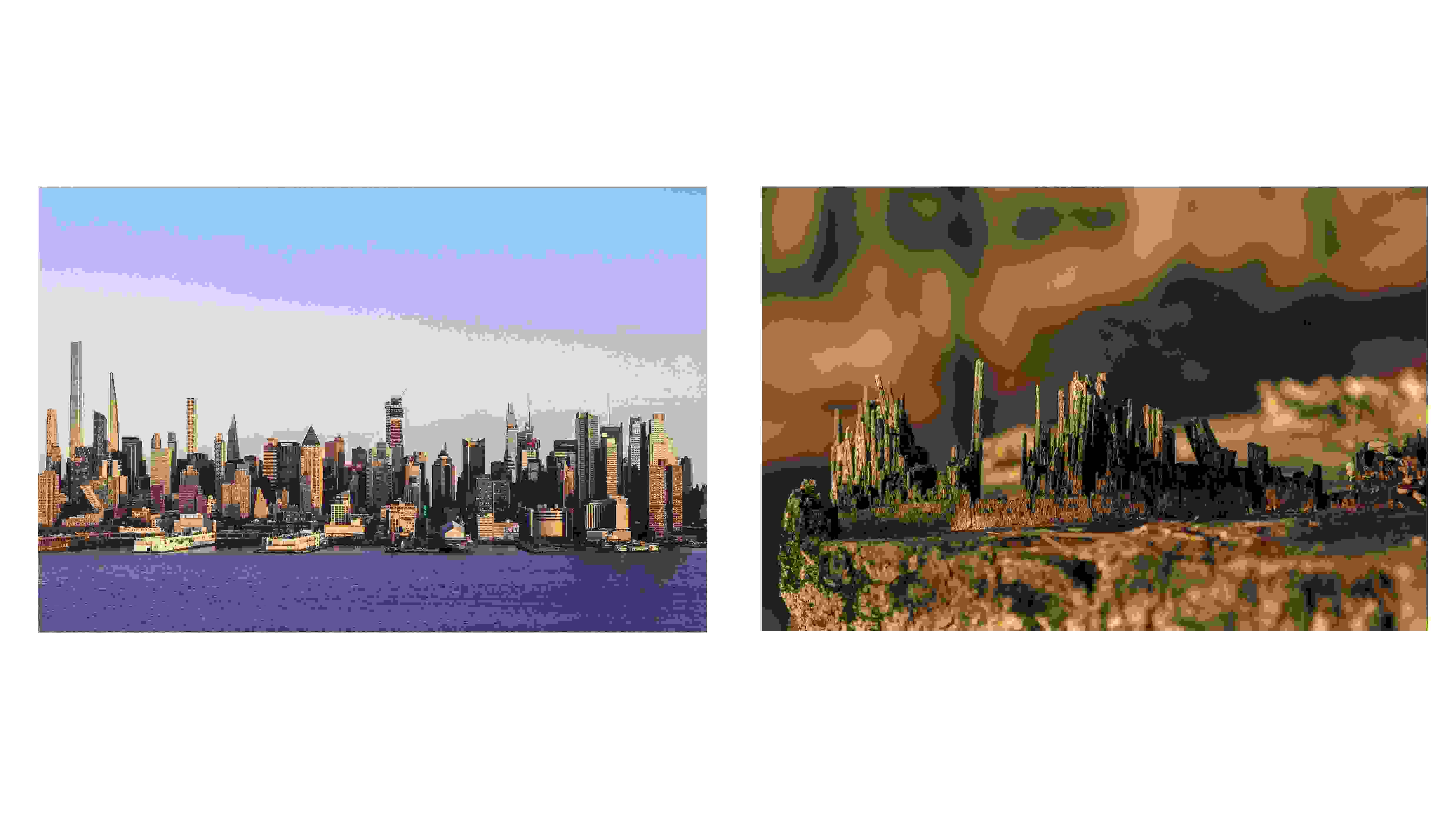 Contrasting scenes: a towering cityscape skyline and a rough-hewn tree stump. Juxtaposition: a modern city skyline next to a natural element, a tree stump