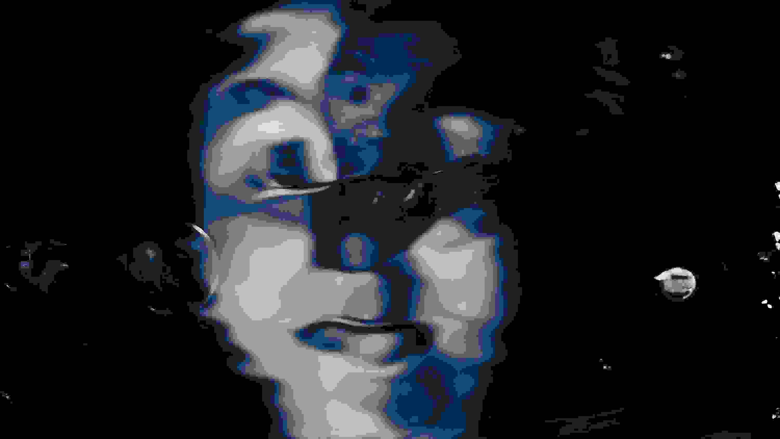 A blurred female face with eyes half closed and a bindi in between her eyebrows appears submerged from a distance, with bubbles and reflections creating a soft distortion. The image has dark navy and pale blue hues.