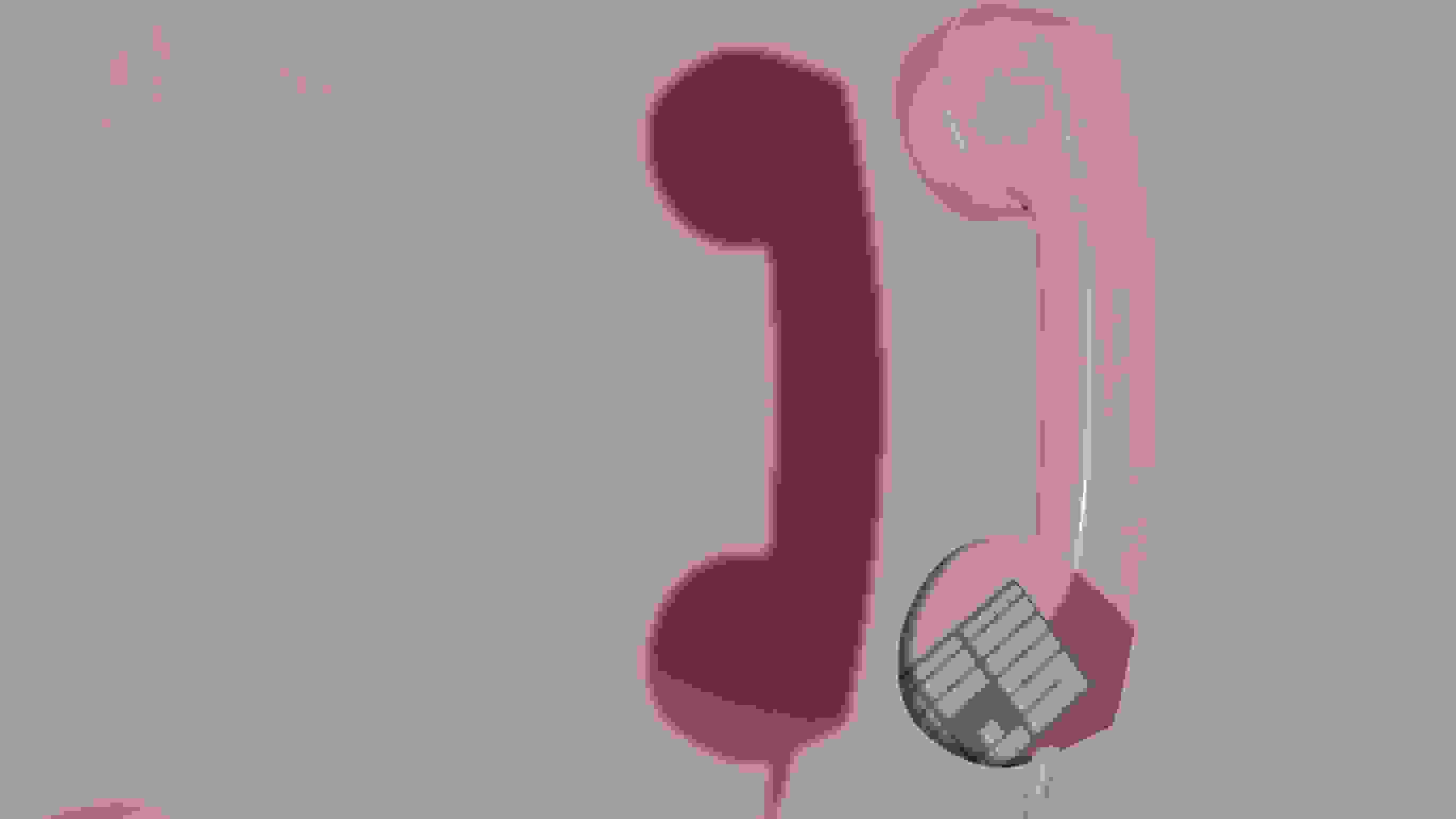 A muted color photograph of a pink rotary phone suspended in front of a pink background.
